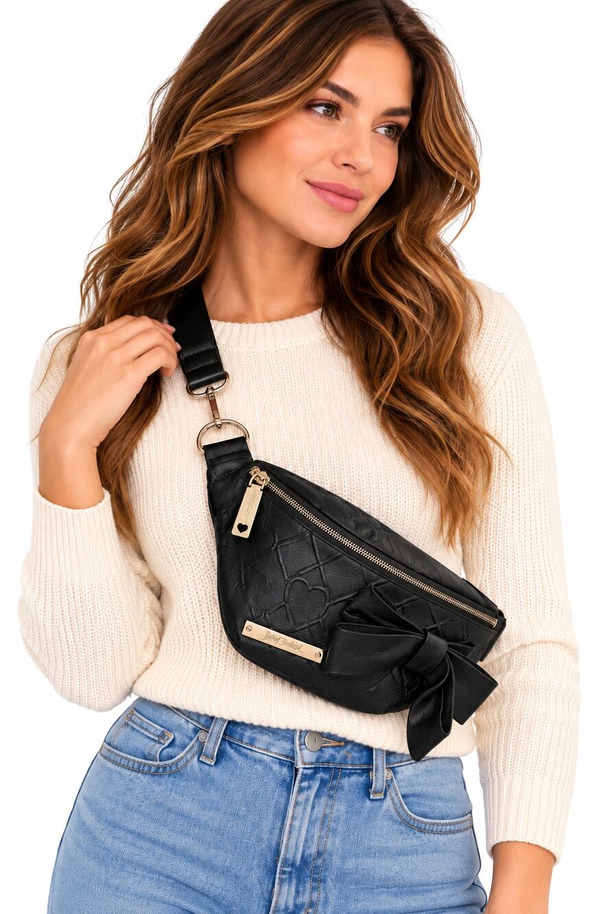 Betsey Johnson Black Bow Belt Bag Waist Fanny Pack Heart Embossed Y2K